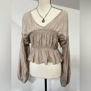 Mustard Seed Taupe Smocked Peplum Blouse